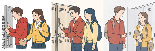 Vector Illustration collection of students opening school lockers, boys wearing red jackets, girls wearing yellow cardigans