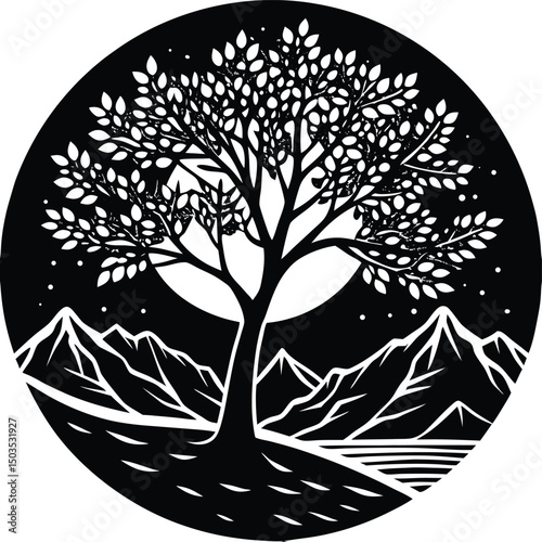 Tree Silhouette With Mountain Landscape Background