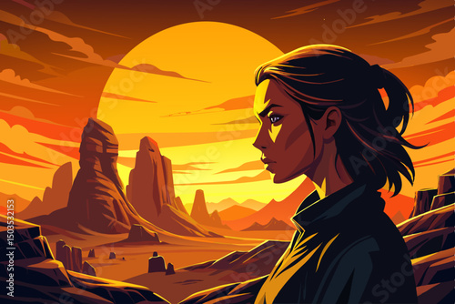 Amazing Woman silhouetted against a large, yellow moon at sunset landscape