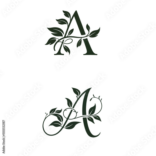 Two Floral Capital Letter A Designs on a White Background, Dark Green Color