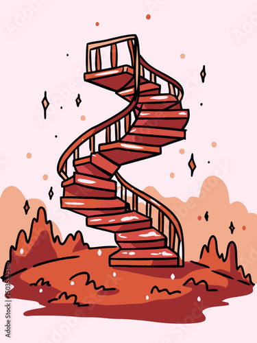 Whimsical Spiral Staircase Illustration, Dreamy Design