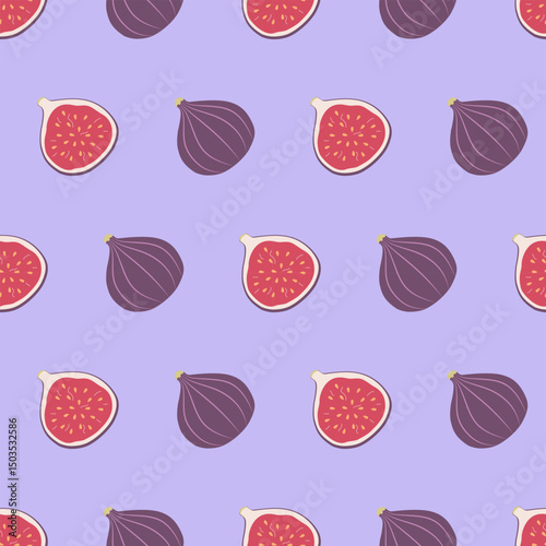Fig seamless pattern. Cute vector colorful background. Whole fruits and halves on light lilac background.