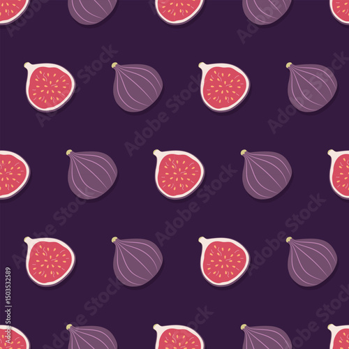 Fig seamless pattern. Whole fruits and halves on a purple background. Hand draw design for wrapping paper, wallpaper, fabric, textile and etc. Vector illustration.