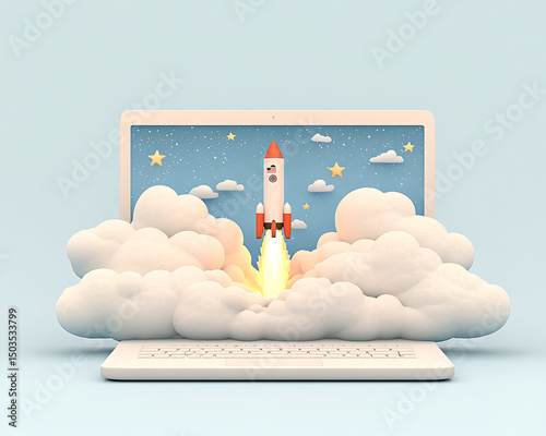 Rocket launching from laptop screen.