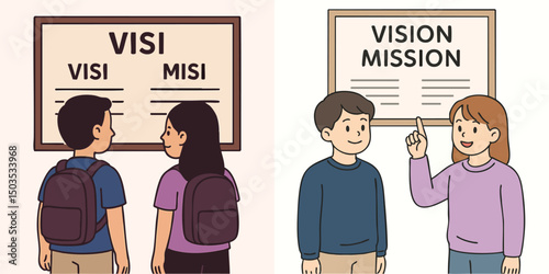 Vector collection of children standing in front of school vision and mission board, wearing dark blue and light purple clothes