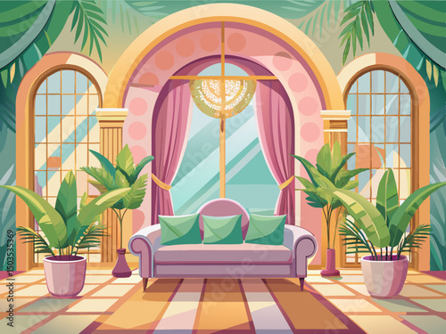 vector of A beautiful room with an archway, a sofa, and a soft color palette. Suitable for wedding theme, event background, beautiful and stylish interior design...