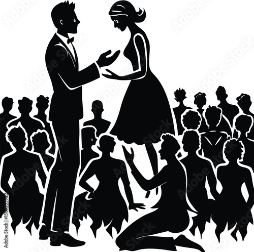 Silhouette of couple proposing in front of crowd