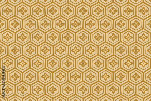Hand drawn Japanese style flower turtle shell pattern background, Cute Japanese pattern wallpaper, Seamless vector material/手描きの金色の花亀甲模様の背景、かわいい日本の和柄パターン