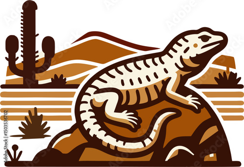 Vintage Desert Lizard Vector Illustration with Cactus and Rocky Landscape in Earth Tone Colors