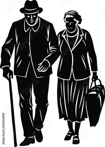 Silhouette of elderly couple walking together