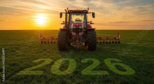Agricultural tractor in field during sunset with 2026 number on grass symbolising future farming technology food production innovation