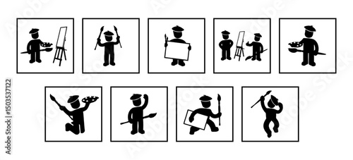 Artist in Action: A series of stylized silhouettes Vector depicting an artist in various stages of creativity, conveying a range of artistic endeavors, from initial conception to the final masterpiece