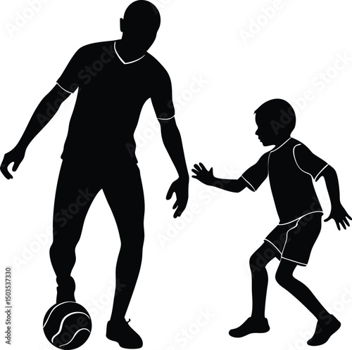 Silhouette of father and son playing football