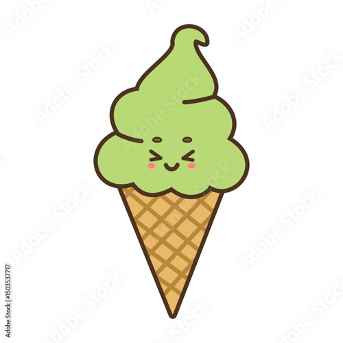 Cute green ice cream cone – kawaii summer dessert vector Illustration Isolated on white Background

