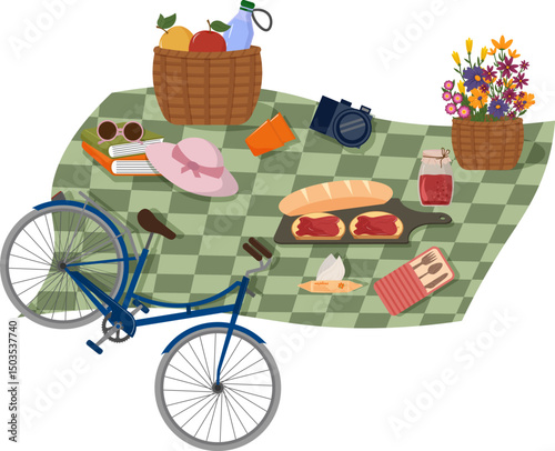 Picnic in nature. Bicycle on a blanket. Basket with fruit and water. Books and a sunhat, sunglasses. Camera and water dispensers. Baguette, bread, jam. Fresh vegetables. Sandwich with jam. Vector
