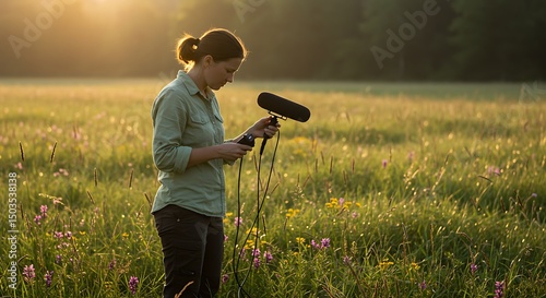 Woman recording ambient soundscapes in a sun-drenched meadow at sunrise