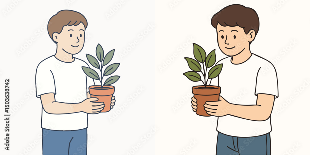 Vector Image collection of boy carrying small plant for class decoration, wearing white t-shirt and blue pants Vector Image collection of boy carrying small plant for class decoration, wearing white t-shirt and blue pants