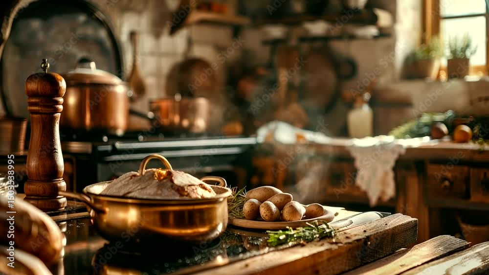 Copper cooking pot with freshly baked bread and potatoes on a rustic wooden kitchen table
