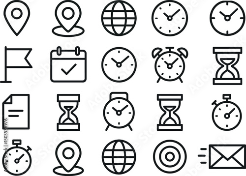 Time Management Icons Location, Clock, Calendar, and Global Concepts