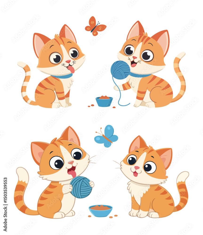 Fototapeta premium Cute cartoon orange tabby kittens playing with blue yarn ball and chasing colorful butterflies