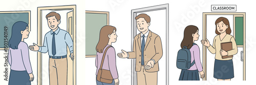 Vector collection of teacher welcoming students at the classroom door, female student wearing pastel purple dress