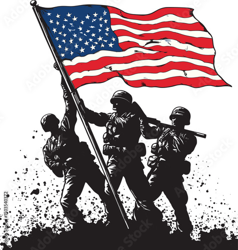 american flag and soldier on grunge background