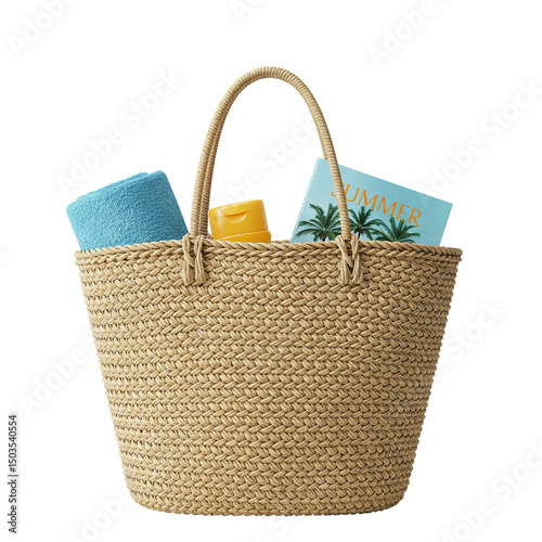 Straw Tote Bag With Visible Summer Essentials Inside Towel Sunscreen Book Isolated On White