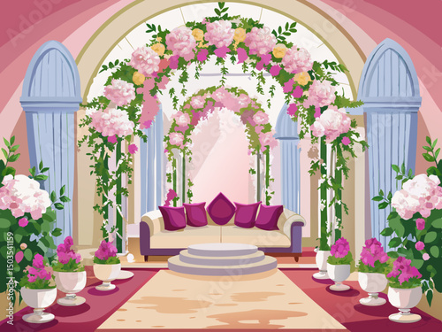 vector of A beautiful room with an arch decorated with pink and white flowers suitable for the wedding theme and a suitable double sofa, light background