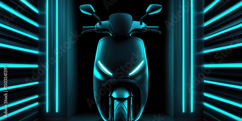 Electric scooter is positioned in the center, illuminated by neon blue lights, conveying a futuristic vibe