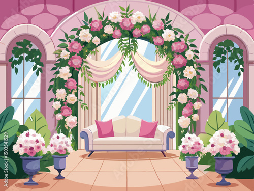 vector of A beautiful room with an arch decorated with pink and white flowers suitable for the wedding theme and a suitable double sofa, light background