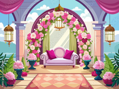 vector of A beautiful room with an arch decorated with pink and white flowers suitable for the wedding theme and a suitable double sofa, light background