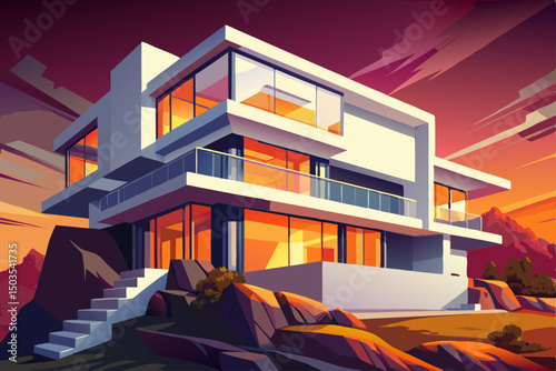 Modern white cube luxury house exterior vector with illuminated windows at dusk sunset