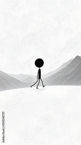 Stick Figure Walking with Mountain Landscape.