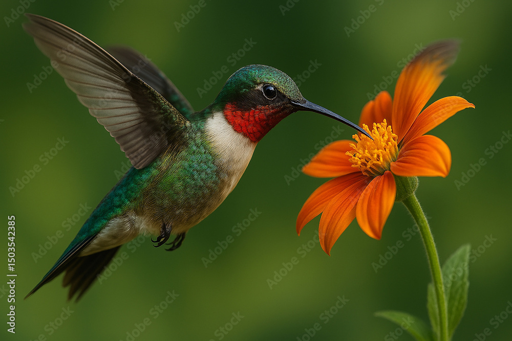 Fototapeta premium Ruby-throated Hummingbird Nectaring on Flower