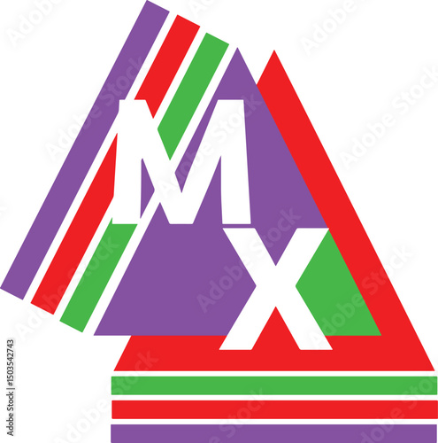 MX Letters Vector, Purple Red Green Triangle Logo, Modern Striped Geometric Art Illustration