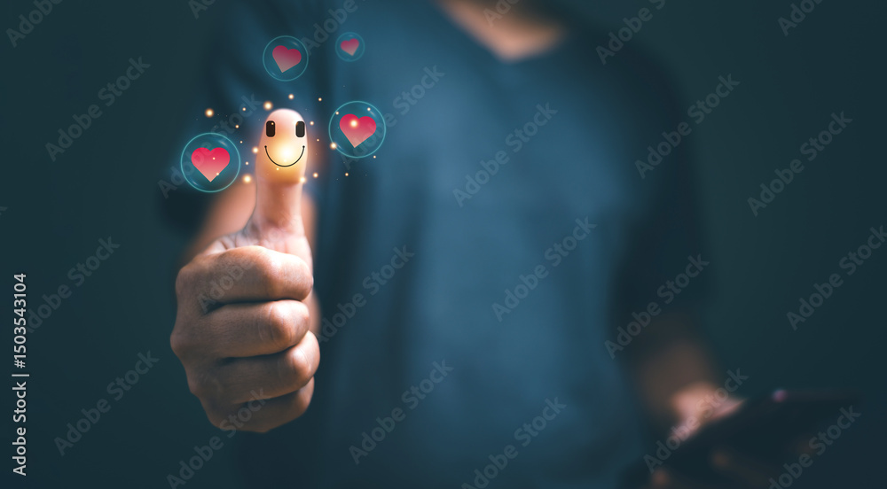 Fototapeta premium Customers review. Businessman thumbs up showing happy smile face and red heart emotion. Positive feedback rating. Satisfaction survey. Good feeling and compliment. Think positive.