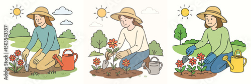 Vector Illustration collection of women gardening on a summer morning, wearing a wide-brimmed hat and a long-sleeved shirt