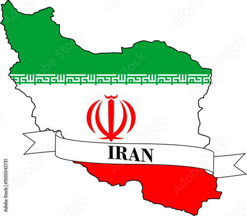 The map of Iran overlaid with the Iranian flag and its name written on a ribbon