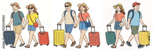 Vector collection of images of men and women carrying suitcases on summer vacation, wearing casual clothes