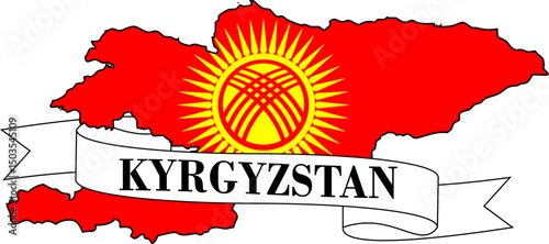 The map of Kyrgyzstan overlaid with the Kyrgyz flag and its name written on a ribbon