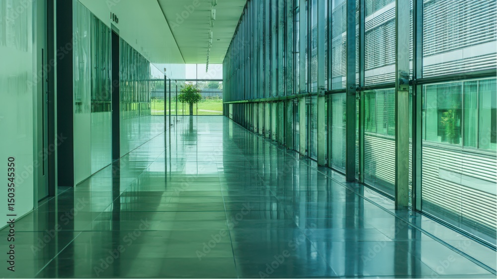Modern office building corridor with glass windows and a tree at the end Modern office building corridor with glass windows and a tree at the end