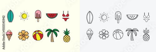 Set of Summer Vacation Vector Illustration, Tropical Icons in Line and Colorful Vector Style on White Background