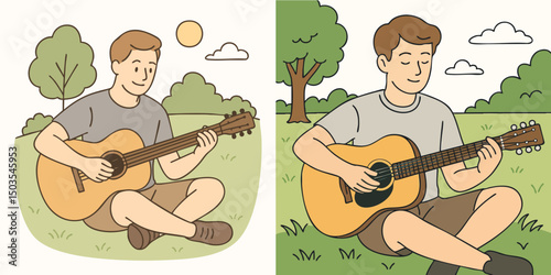 Vector Illustration collection of man playing acoustic guitar in the park, wearing a gray t-shirt and brown shorts