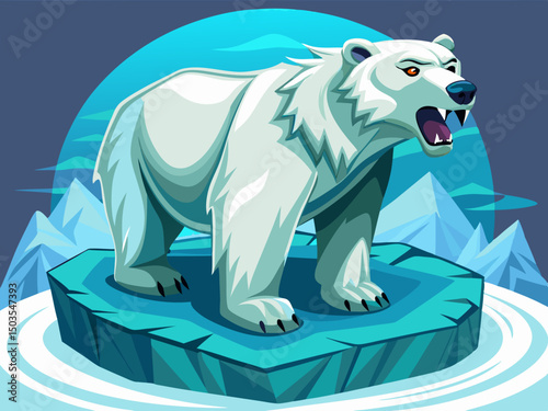 vector of A wild polar bear standing on a piece of ice and showing its teeth is ready to attack.