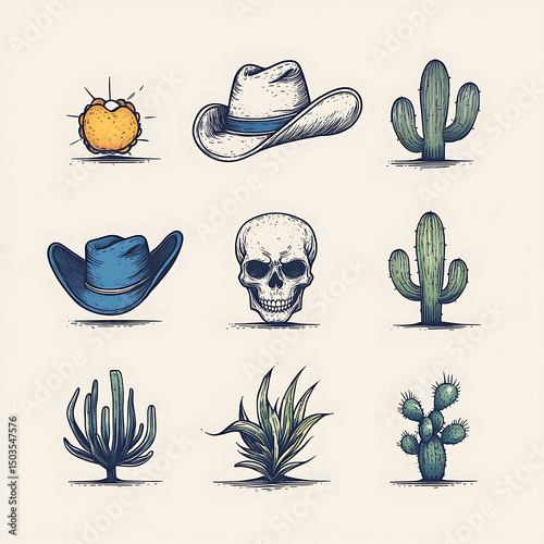 Wild West Icons Desert with Hats, and Skull.