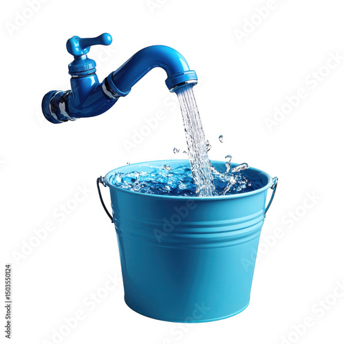 Blue faucet filling bucket with water stock image