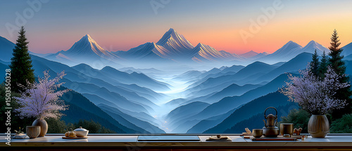 窓越しに広がる幻想的な山の景色