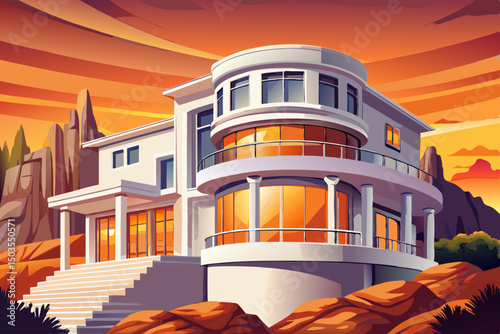 Modern white circle luxury house exterior vector with illuminated windows at dusk sunset	