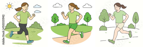 Vector collection of women jogging in the morning in the summer park, wearing light green sports t-shirt