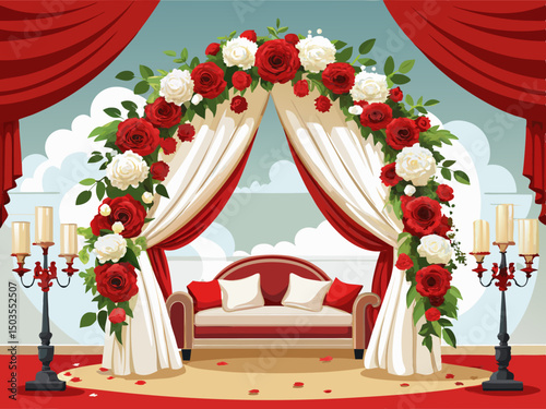 vector of A beautiful design of the wedding theme, which is used with white and red flowers on the arch and white silks, and a white double sofa is placed under the arch.